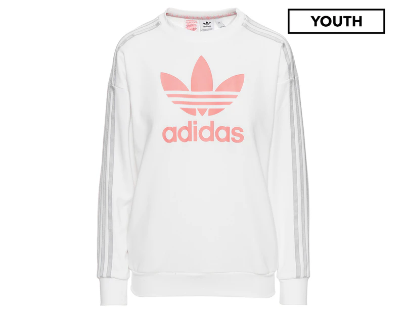 Adidas Originals Youth Girls' AOP Trefoil Crew Sweatshirt - White Glo/Pink