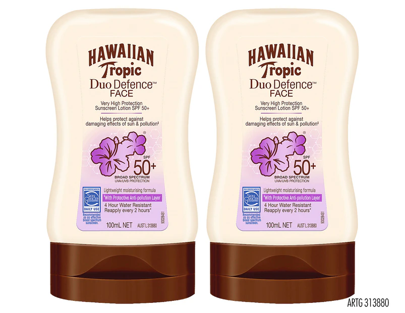 2 x Hawaiian Tropic Duo Defence Sunscreen Face SPF50+ Tropical 100mL