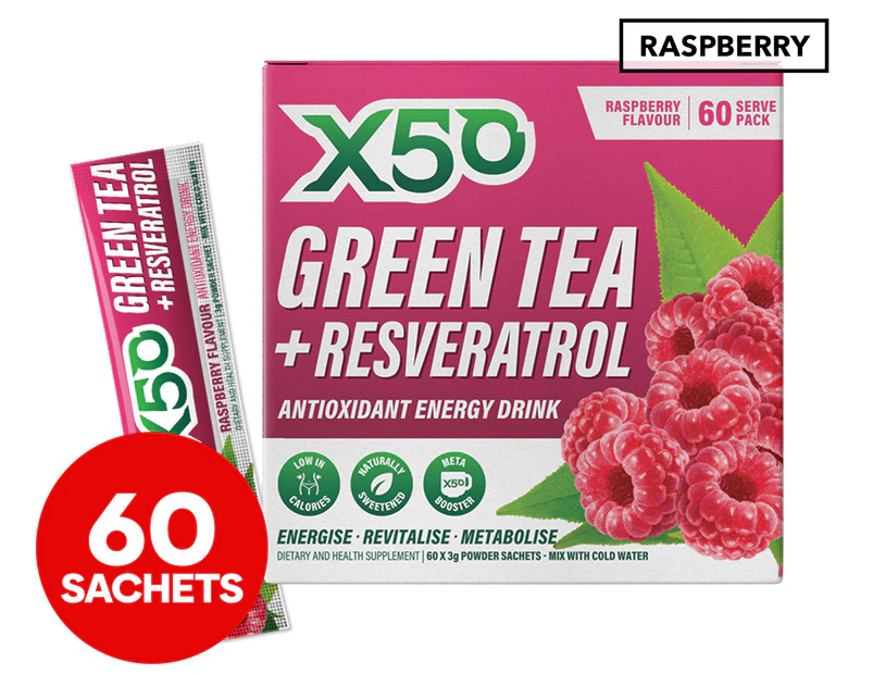 X50 Green Tea + Resveratrol Antioxidant Energy Drink Raspberry 60pk