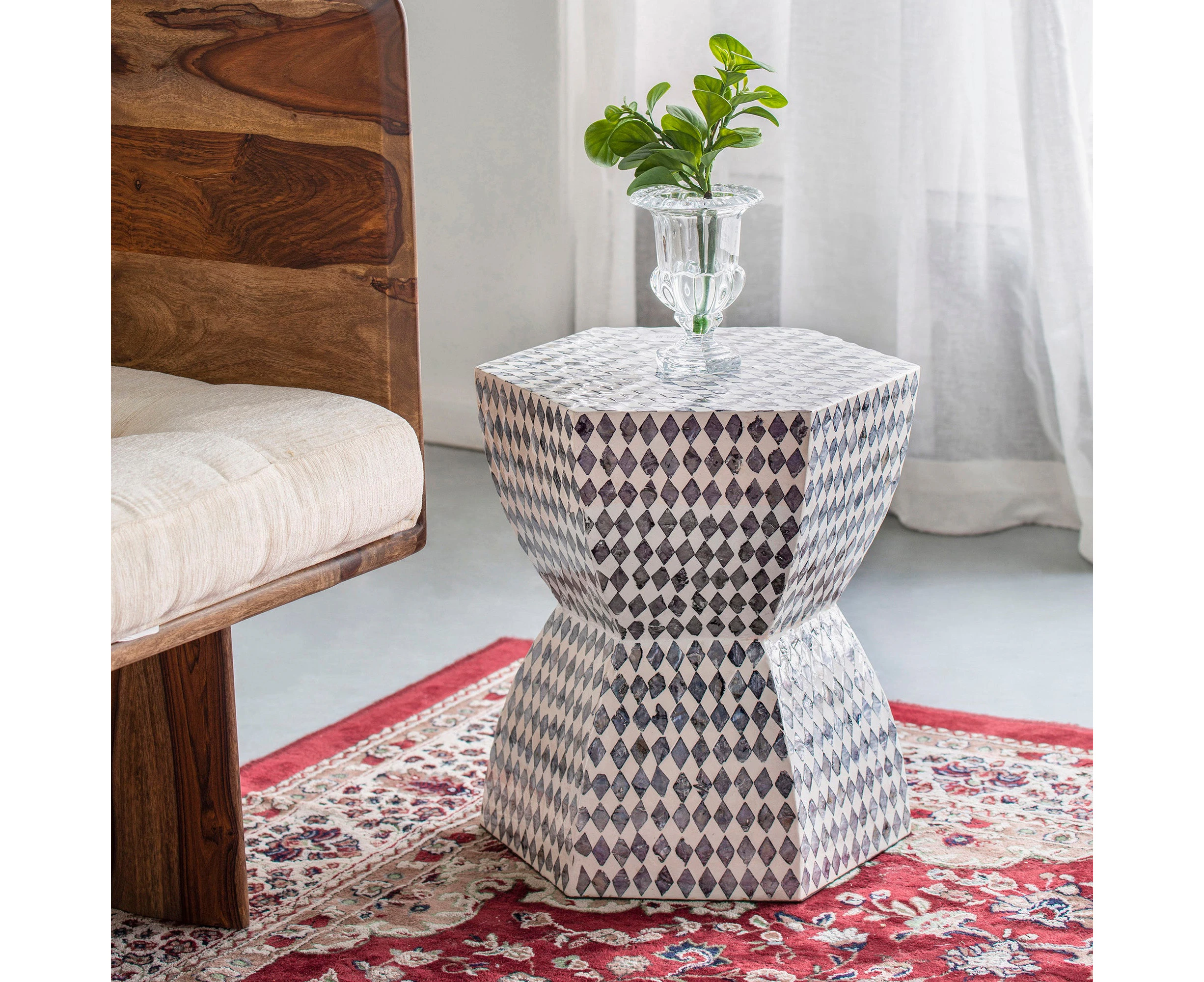 Black diamond shell inlay stool/Side table