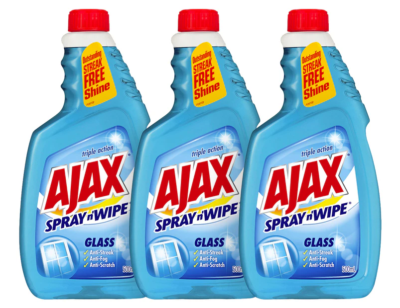 3 x Ajax Spray n' Wipe Triple Action Glass Cleaner Refill 500mL