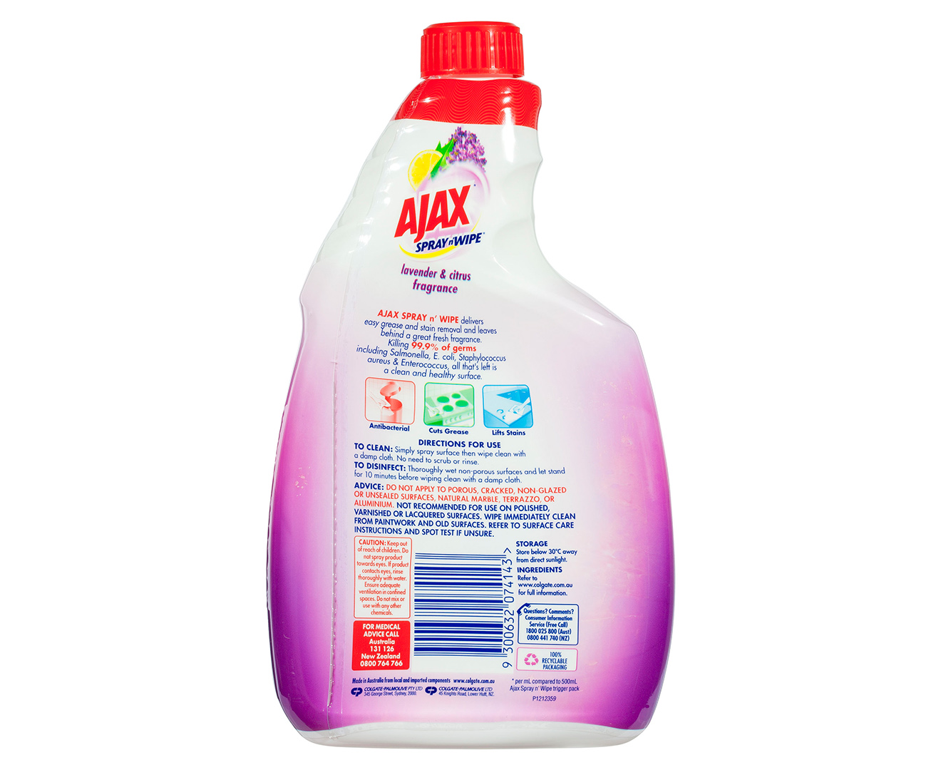 3 x Ajax Spray n' Wipe MultiPurpose Disinfectant Refill Lavender