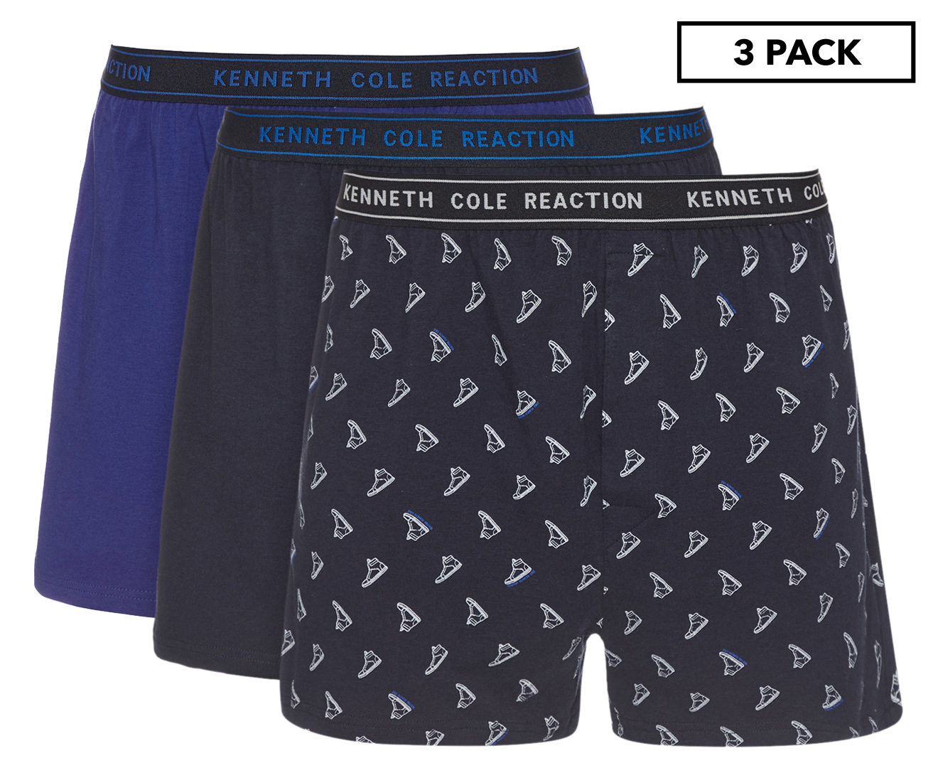 Kenneth Cole Men's Stretch Cotton Knit Boxers 3-Pack - Navy/Blue ...