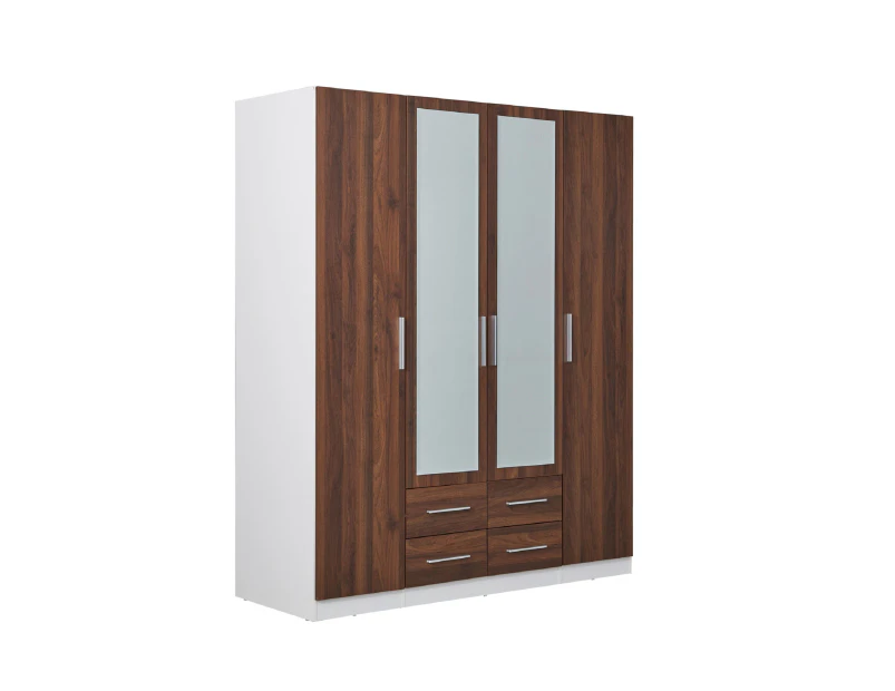 Zetland Wardrobe 4 Door 4 Drawer with Mirror - Walnut