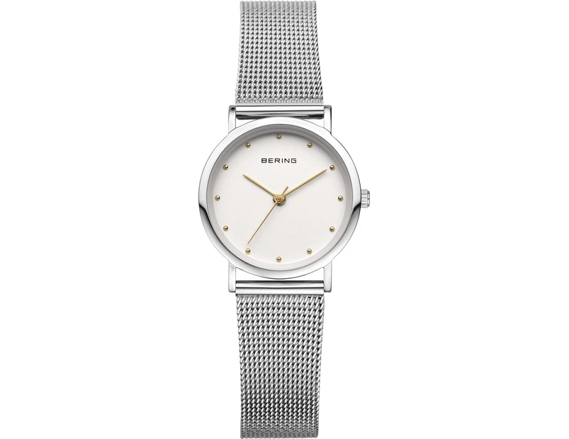Bering Ladies, Classic Collection, Silver Case, White & Gold Dial, Silver Milanese Strap