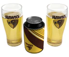 AFL Hawthorn Hawks Set Of 2 Pint Glasses w/ Can Cooler