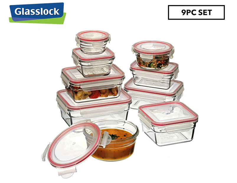 Glasslock 9-Piece Oven Safe Container Set w/ Snap-Lock Lids - Clear/Red