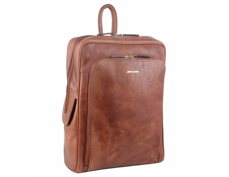 Pierre Cardin Elegant Leather Backpack Padded Laptop Pocket Unisex Brown