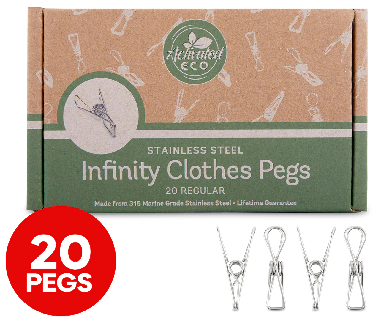 Activated Eco S/Steel Infinity Clothes Pegs 20 Pack