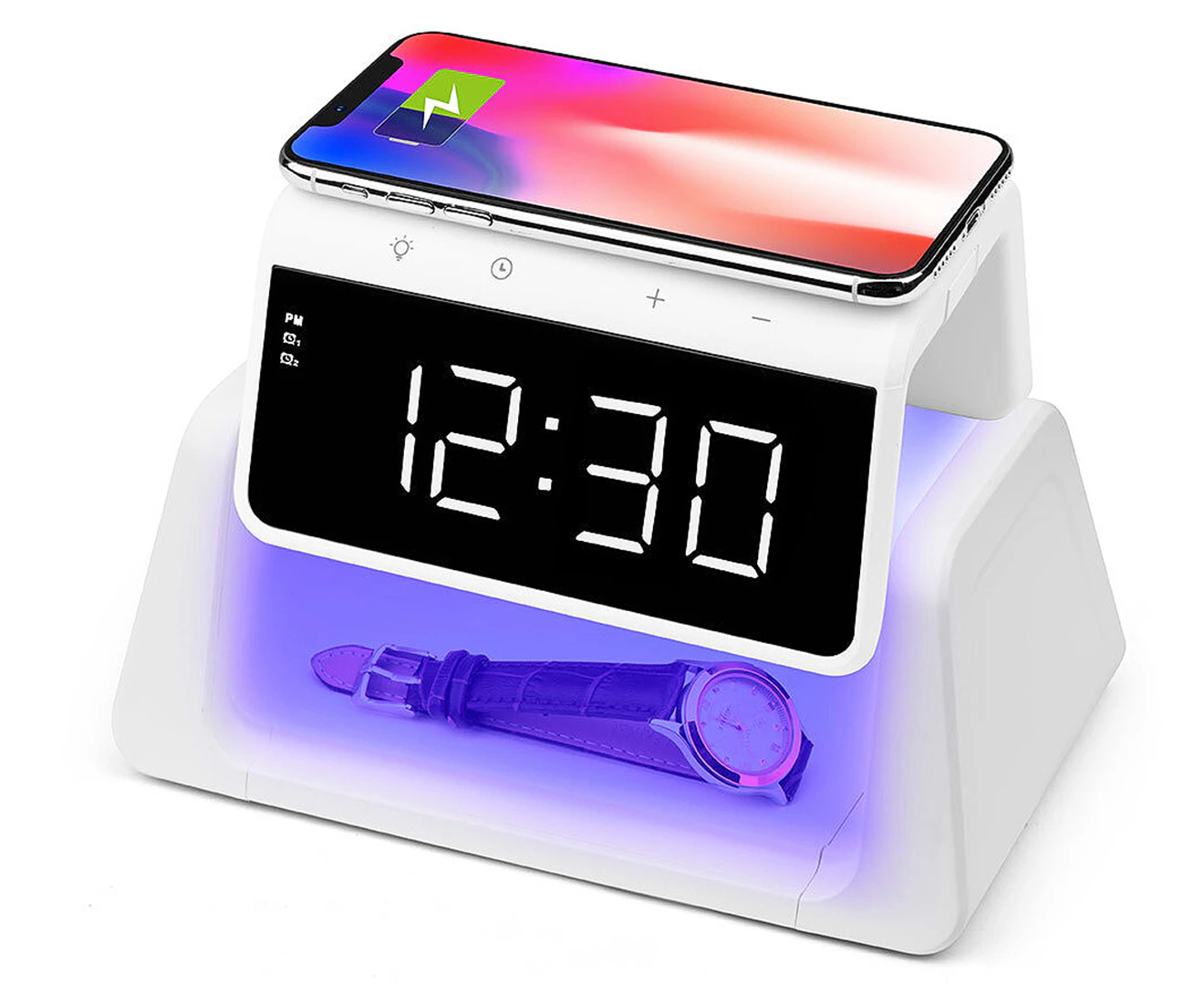 Rewyre Alarm Clock USB-C 5V 10W Qi Wireless Charger/UV Disinfection Lamp White