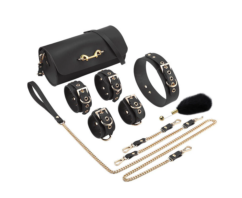 RY Premium Real Leather Bondage Kit With Bag - 6pcs Black