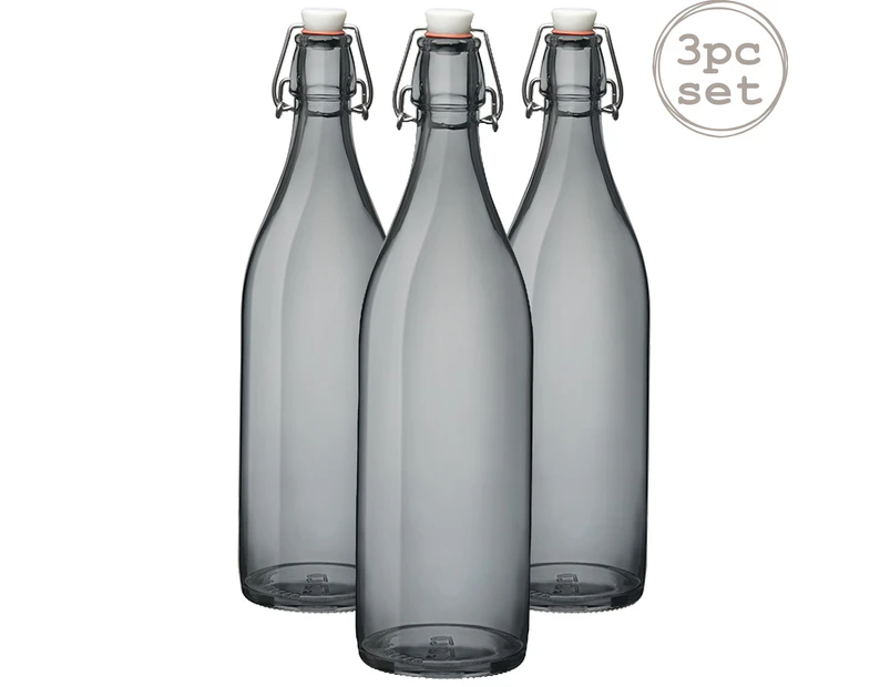 Bormioli Rocco 3 Piece Giara Swing Top Water Bottles Set - Coloured Glass Table Serving Carafe Decanter - Rubber Seal - 1L - Grey