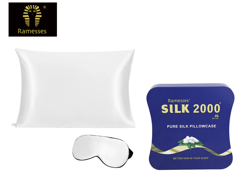 Ramesses Pure Mulberry Silk Pillowcase & Eye Mask - White