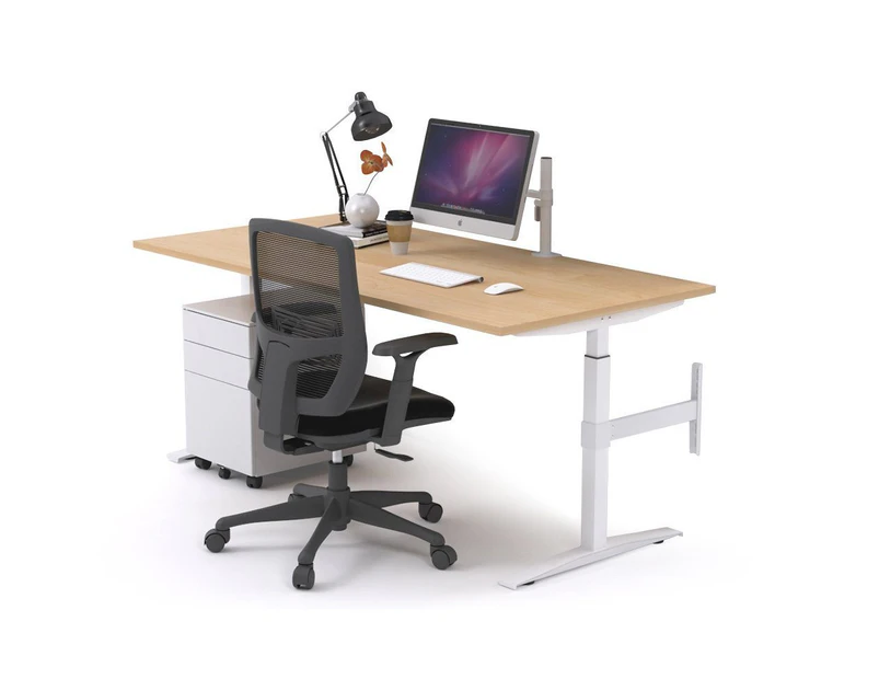 Single Sided Electric T Sit Stand Workstation - White Frame [1600L x 800W] - maple, none