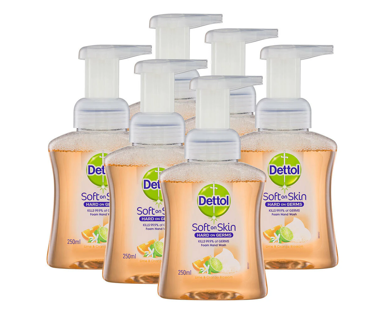 6x Dettol 250ml Liquid Soft on Skin Care Foam Hand Wash Pump Lime/Orange Blossom