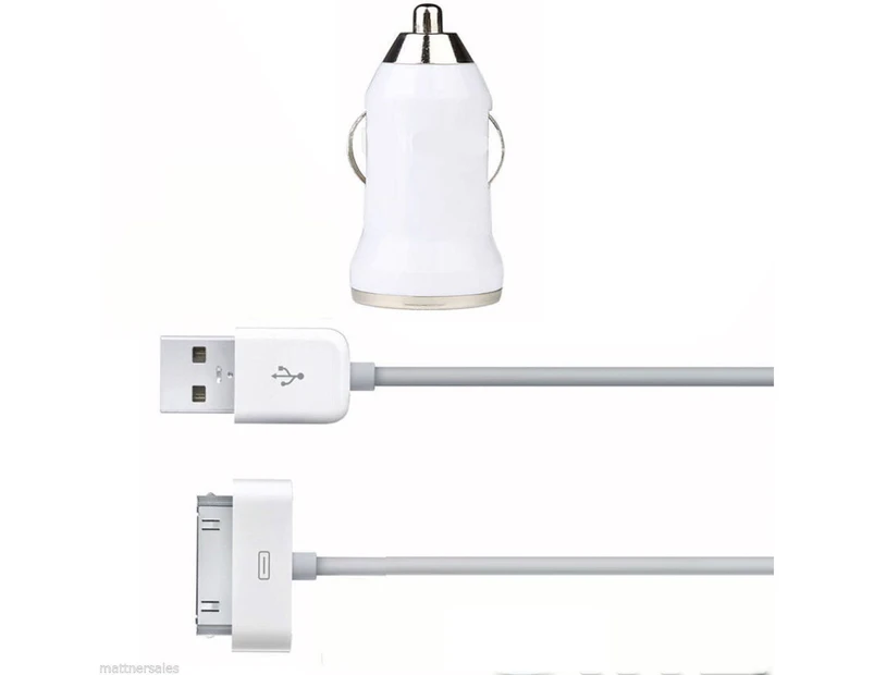 White Car Charger for Apple iPhone 4G 4 3GS 3 iPod Nano Touch Plus USB Cable