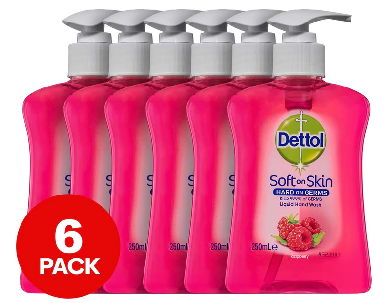 6 x Dettol Liquid Soft On Skin Hand Wash Raspberry 250mL