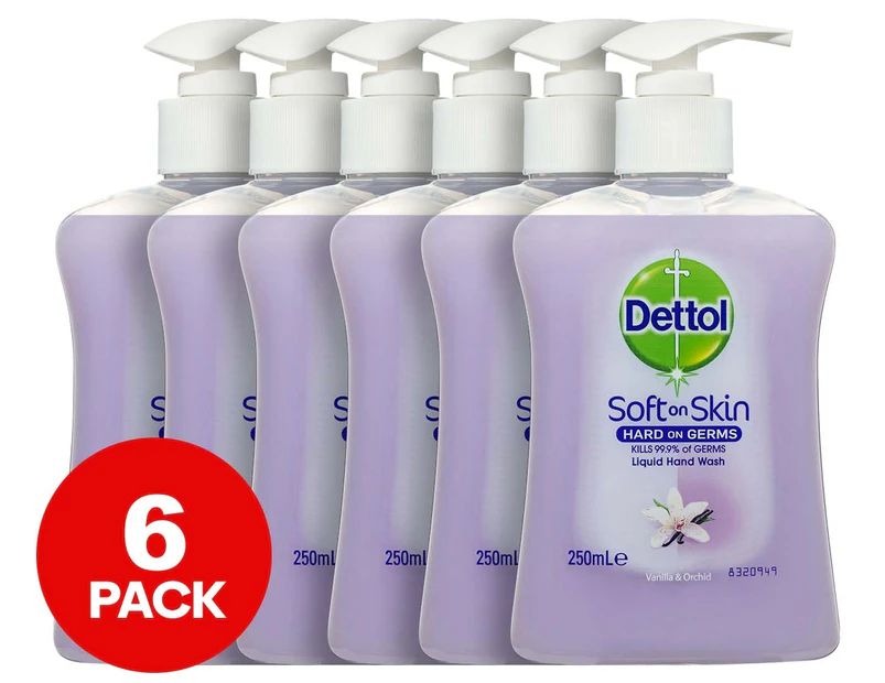 6 x Dettol Liquid Soft On Skin Hand Wash Vanilla & Orchid 250mL