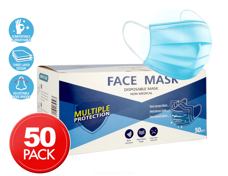 3 Ply Disposable Protective Face Masks 50-Pack