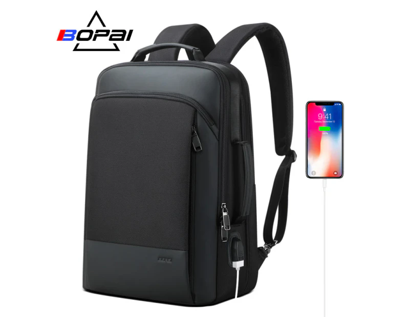 BOPAI Luxury Style waterproof Leather & Microfibre Anti-Theft Business Backpack and Travel Backpack with USB Charging 15.6" Smart Laptop Backpack B07311