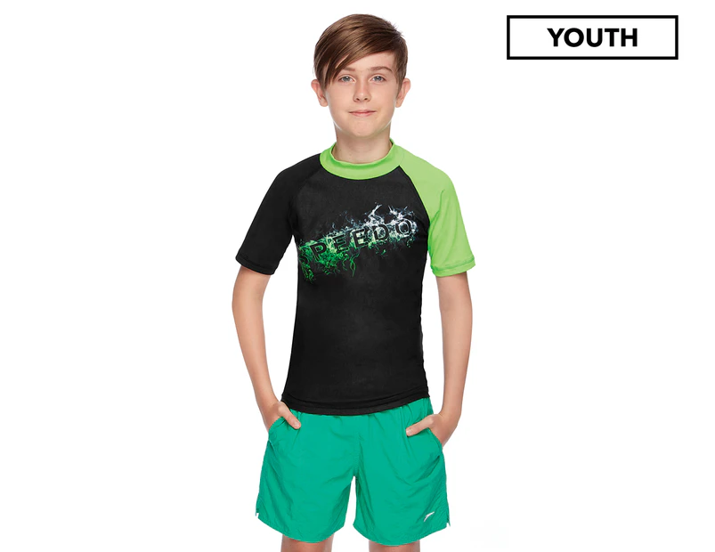 Speedo Youth Boys' Dissect Short Sleeve Sun Top - Black/Green