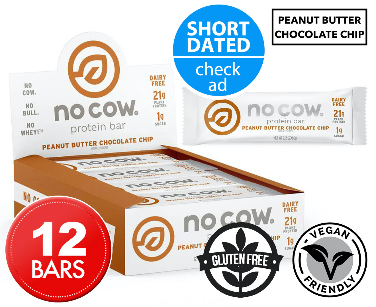 No Cow, Protein Bar, Peanut Butter Chocolate Chip,  12 Bars, 2.12 oz (60 g) Each