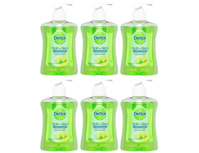 6x Dettol 250ml Liquid Home Hand Care Wash Soap Lemon/Lime Pump