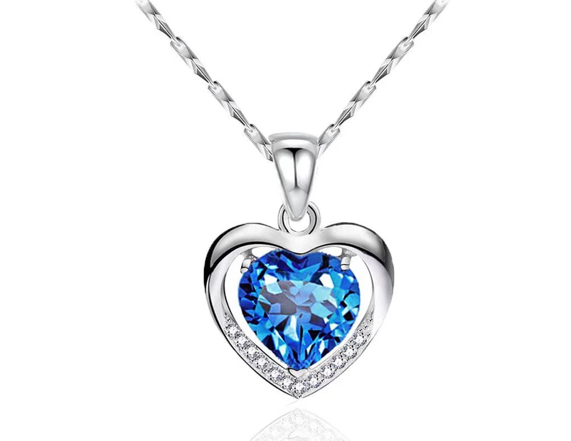 Duohan s925 Sterling Silver Necklaces Heart for Women, Inlaid with Blue Synthetic Diamond I Love You Necklace