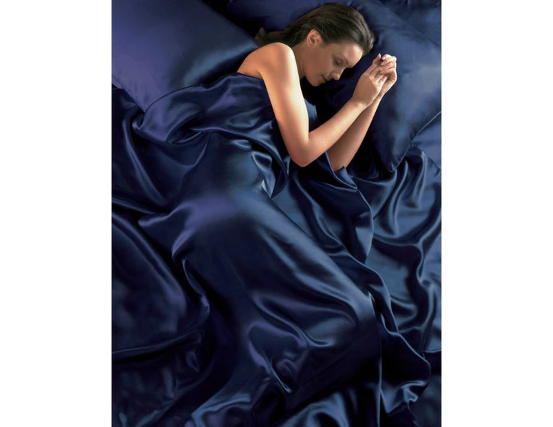 Navy Blue Satin Super King Duvet Cover, Fitted Sheet and 4 Pillowcases Bedding Set