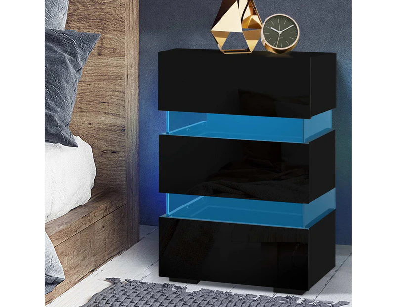 Artiss Bedside Table LED 3 Drawers - LUMI Black