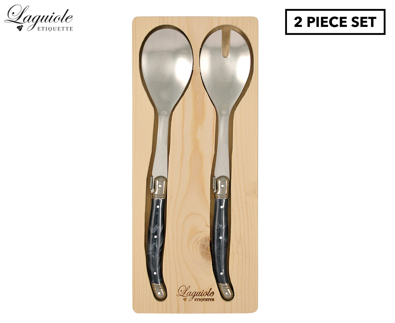 2pc Laguiole Etiquette 28cm Stainless Steel Salad Fork & Spoon Marble Black