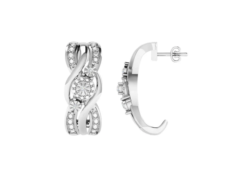 Bevilles Diamond Set J Hoop Stud Earrings in Sterling Silver - Silver