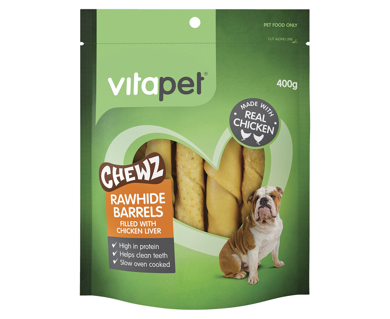 VitaPet Rawhide Barrels Chewz Dog Treats Chicken Liver 400g