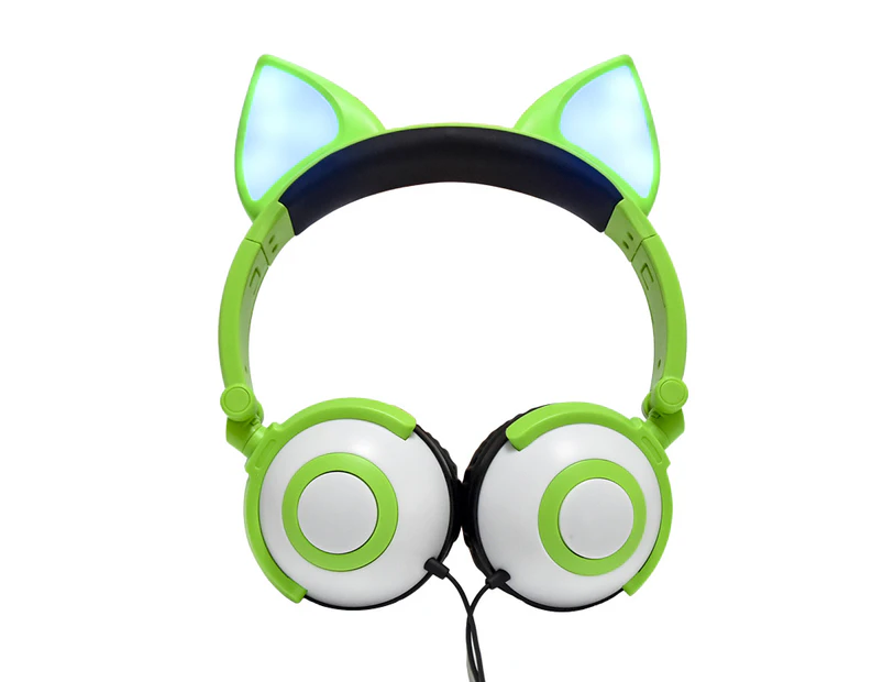 Joyroom Kids Wired Headphones Foldable with LED Glowing Fox Ears Over-Ear Gaming Headsets for Kindle/iPad/Phone-Green(Botton Battery)