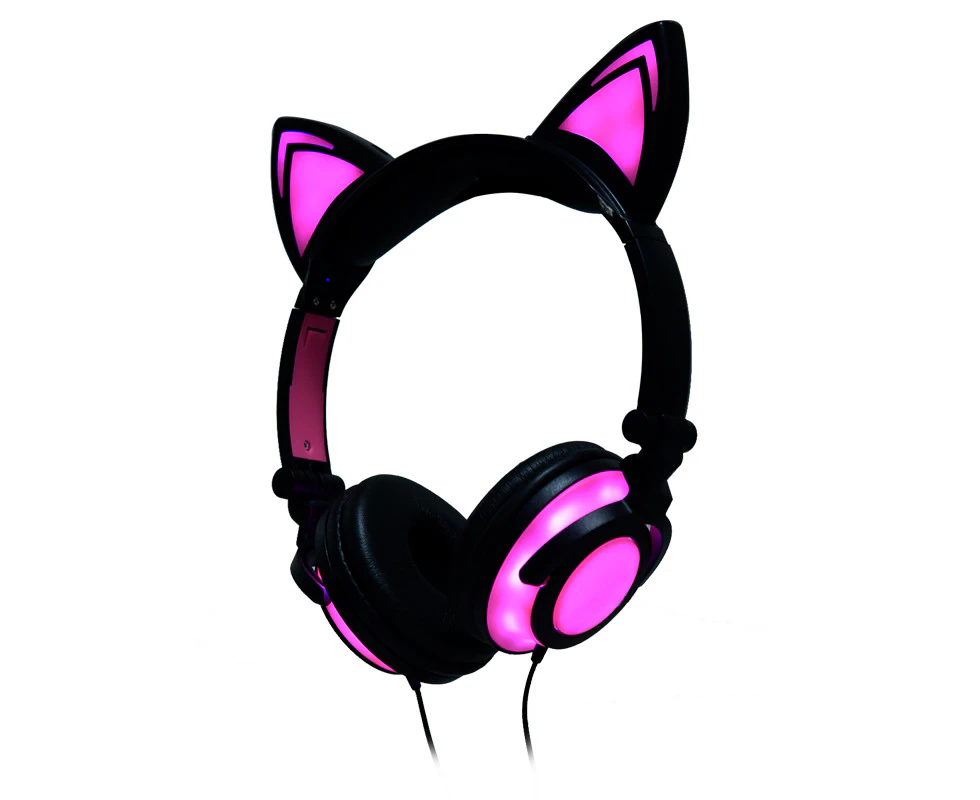 Ymall Kids Wired Headphones Over Ear with LED Glowing Cat Ears Kids Headsets for Girls Boys-BlackPink (Charging Version)