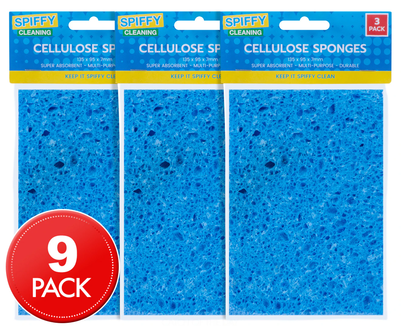 3 x Spiffy Cleaning 13.5x9.5cm Cellulose Sponges Dirt Scrubber Kitchen Cleaning