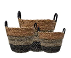 Set of 3 Hamptons V-shaped Round Storage Basket With Handles - 3-Tone Color Natural , Emerald Green , Grey