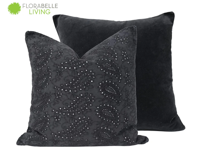 Florabelle Living 48x8cm Embroidery Lace Velvet Cushion - Charcoal