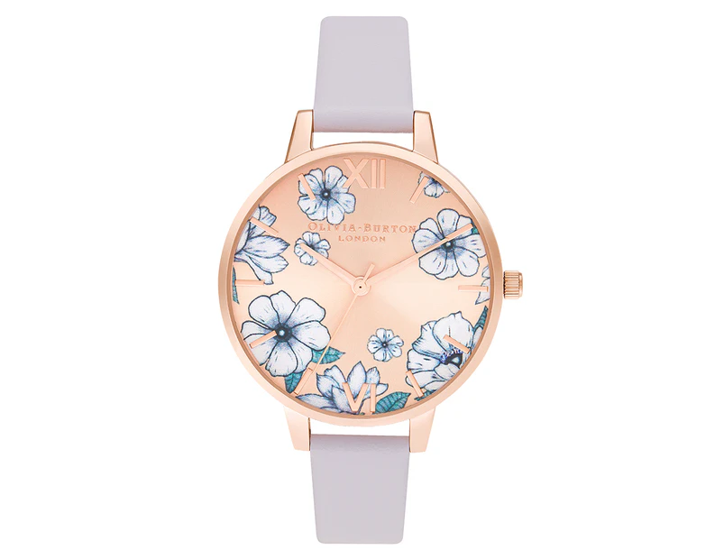 Olivia Burton Women's 34mm Groovy Blooms Parma Leather Watch - Violet/Rose Gold