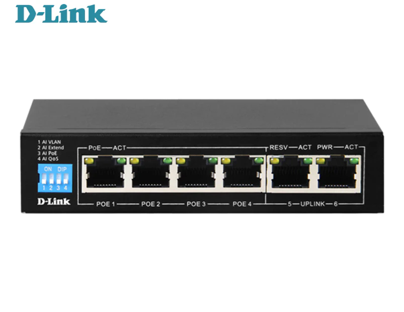 D-Link 6-Port PoE Switch w/ 4 Long Reach 250m PoE Ports & 2 Uplink Ports