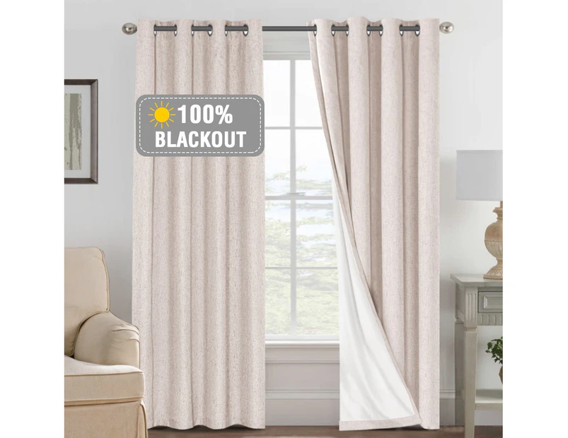 100% Blackout Curtains Pair Eyeylet for Bedroom Waterproof Linen Look Blockout Curtains and Draperies for Living Room 2 Panels, 4 Sizes, Natural Color