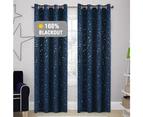 2x Full Blackout Star Curtains Kids Bedroom Blockout Curtains Eyelet Energy Saving Thick Curtains, 1 Pair, Twinkle Stars on Navy Blue