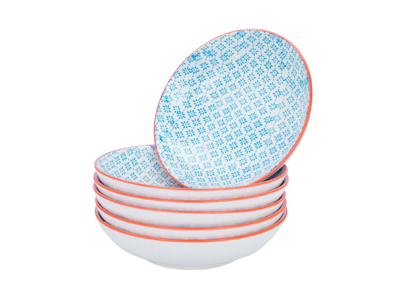 Nicola Spring Patterned Porcelain Pasta Bowls - Blue / Orange Print Design - Set of 6