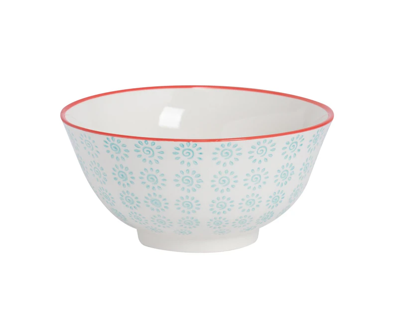 Nicola Spring Hand Printed Cereal Bowl - Ceramic Porcelain Ramen Dessert Oatmeal Serving Dish - 16cm - Turquoise