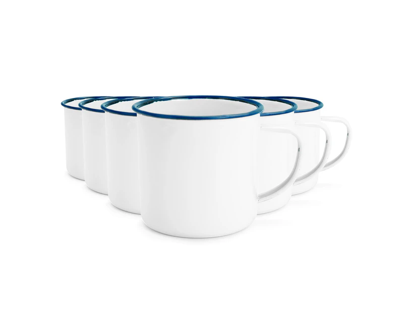 Rink Drink Traditional Enamel White Coffee / Teacups - 240ml - Blue Trim - Set of 6