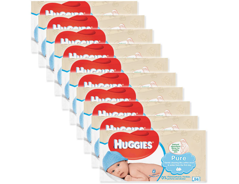 10 x Huggies 56 Wipes Pure Soft Gentle Baby Wipe/Natural Fibres/Sensitive Skin