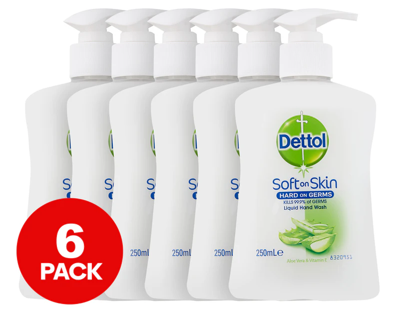 6 x Dettol Soft On Skin Liquid Hand Wash Aloe Vera & Vitamin E 250mL