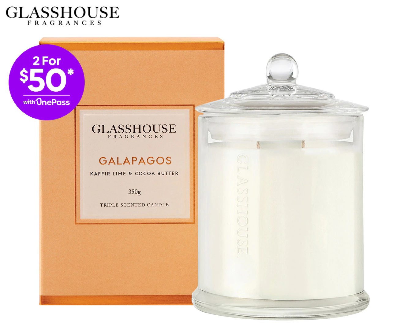 Glasshouse Galapagos Kaffir Lime & Cocoa Butter 350g Triple Scented Candle