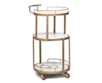 Round 3-Tier White Marble French Brass Drinks Bar Cart Serving Trolley