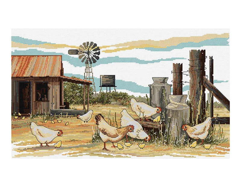 Country Threads 30x50cm Chickens Scratching Counted Cross Stitch Kit